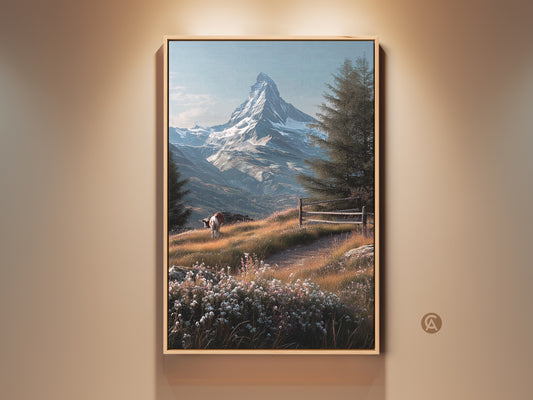 Framed Matterhorn mountain art in a golden wood frame is displayed on a wall. This wall art features a landscape scene. The iconic Swiss Alps peak is captured beautifully. A cow grazes in the foreground meadow filled with wildflowers.