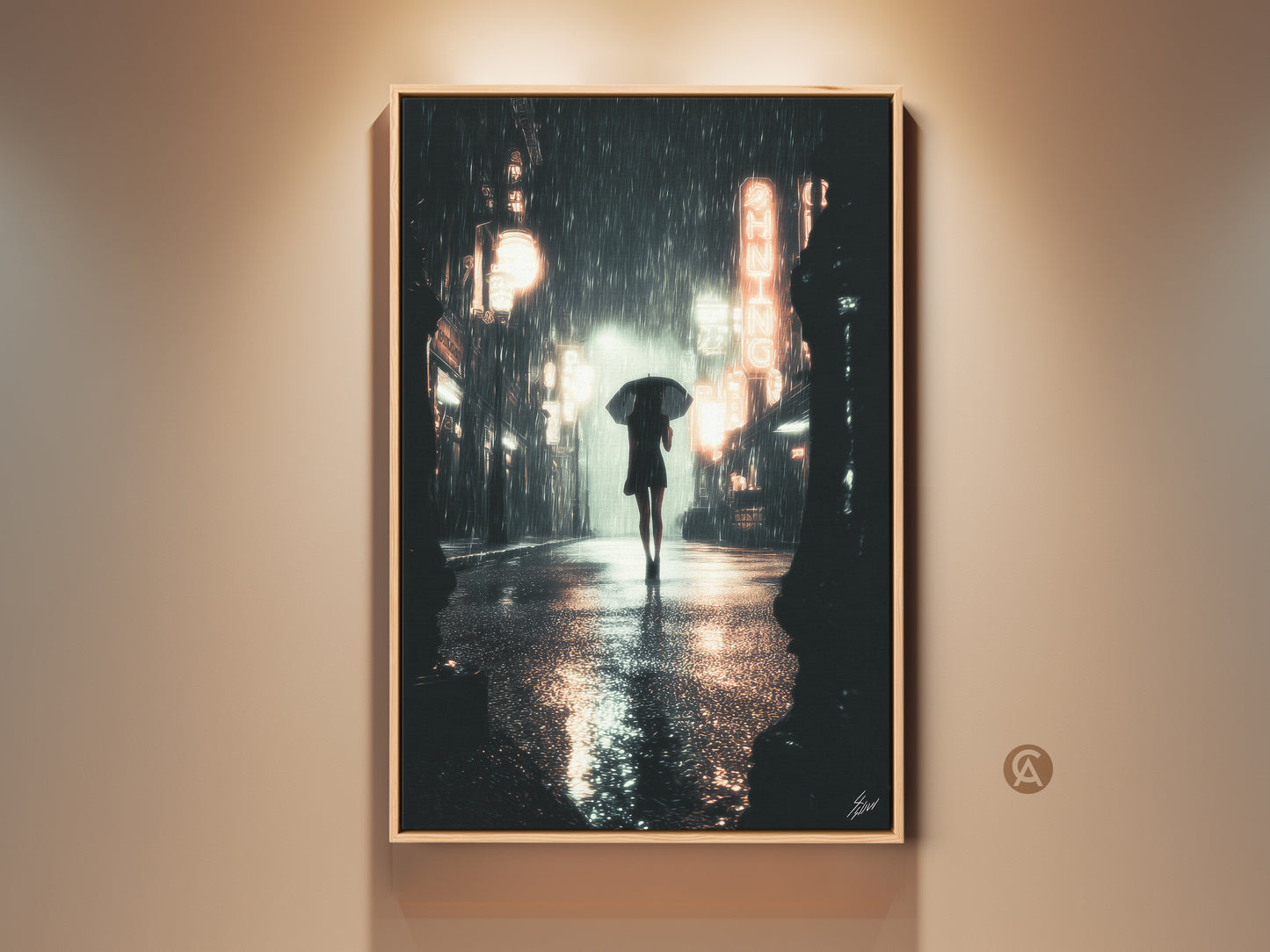 Framed urban nightscape canvas print. This cinematic rainy street art features a woman with an umbrella. Neon lights illuminate the city. This wall decor brings urban nightlife to your contemporary entryway decor. It also makes a unique city lover gift canvas.