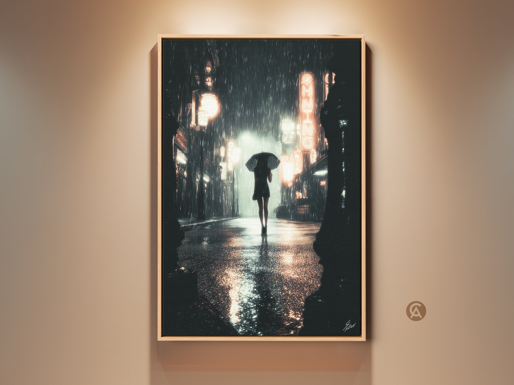 Framed urban nightscape canvas print. This cinematic rainy street art features a woman with an umbrella. Neon lights illuminate the city. This wall decor brings urban nightlife to your contemporary entryway decor. It also makes a unique city lover gift canvas.