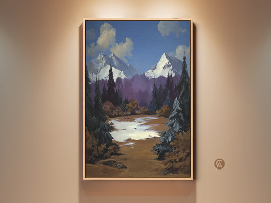 Vintage mountain art print displayed in a frame. This rustic landscape decor features snowy peaks pine trees and a blue sky. The canvas art brings nature indoors. A perfect housewarming present idea for cabin or lodge wall decor.