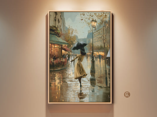 Vintage Parisian street artwork on canvas. The impressionist print features a woman with an umbrella. This eclectic home decor shows muted blues and gold tones. Perfect wall art for any room. The framed canvas adds a touch of french charm.