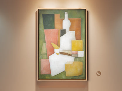 Modern cubist still life art print is displayed. The abstract geometric canvas features green white and orange hues. This bottle artwork is perfect dining room decor. A unique gift for any art lover. The contemporary piece adds elegance to residential spaces.
