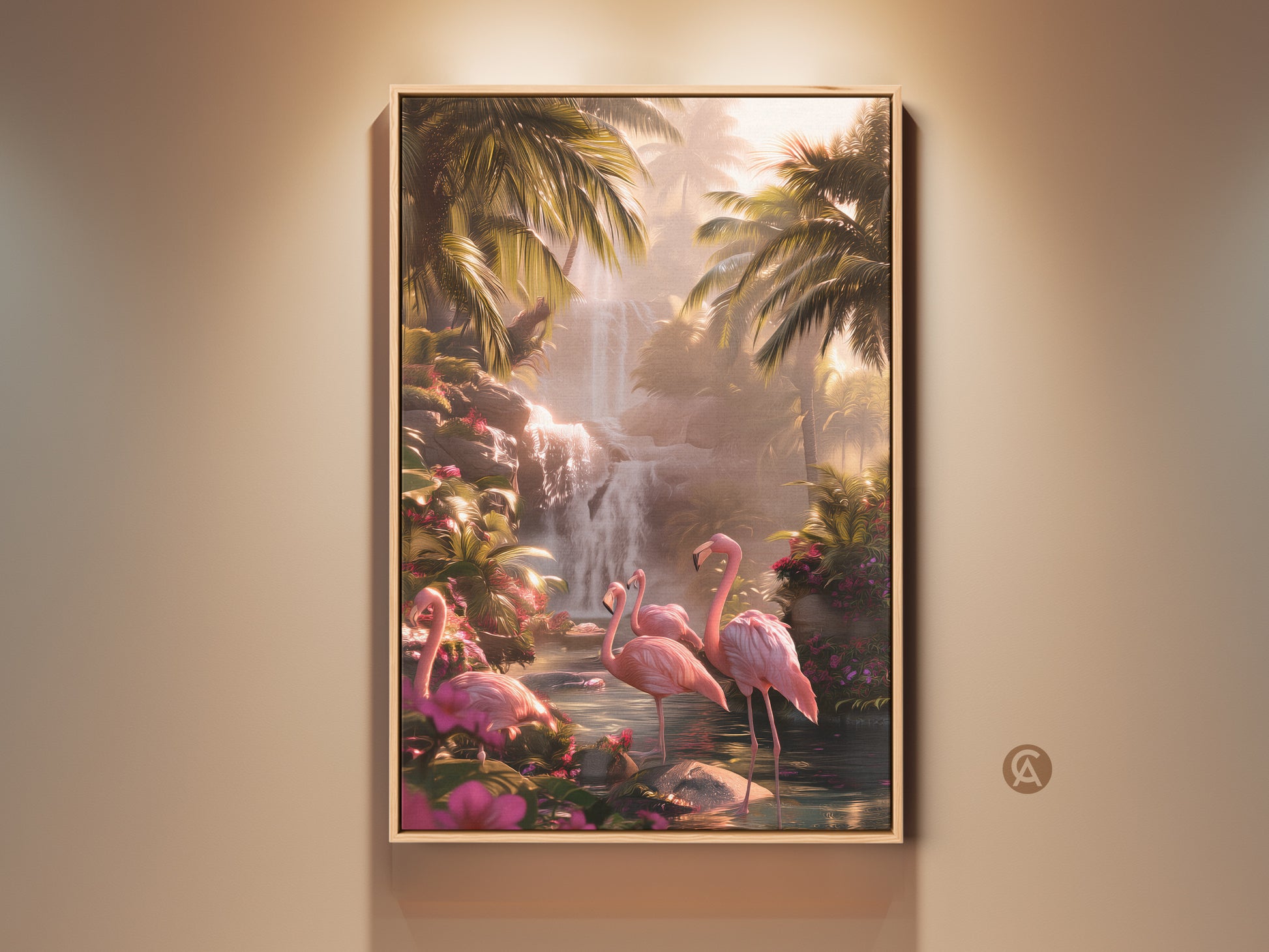 Pink flamingo art print. This tropical waterfall canvas brings a lush jungle to your wall. A boho home style with exotic bird wall hanging. The canvas features pink flamingos amidst a lush tropical waterfall and vibrant palm leaves.