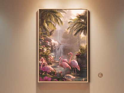 Pink flamingo art print. This tropical waterfall canvas brings a lush jungle to your wall. A boho home style with exotic bird wall hanging. The canvas features pink flamingos amidst a lush tropical waterfall and vibrant palm leaves.