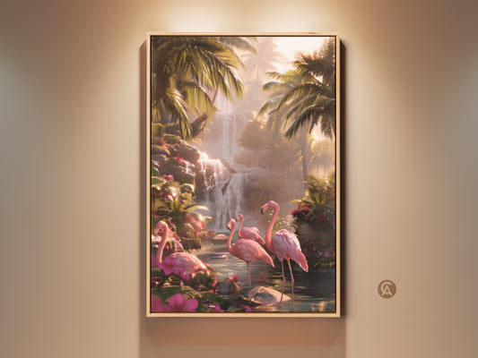 Pink flamingo art print. This tropical waterfall canvas brings a lush jungle to your wall. A boho home style with exotic bird wall hanging. The canvas features pink flamingos amidst a lush tropical waterfall and vibrant palm leaves.
