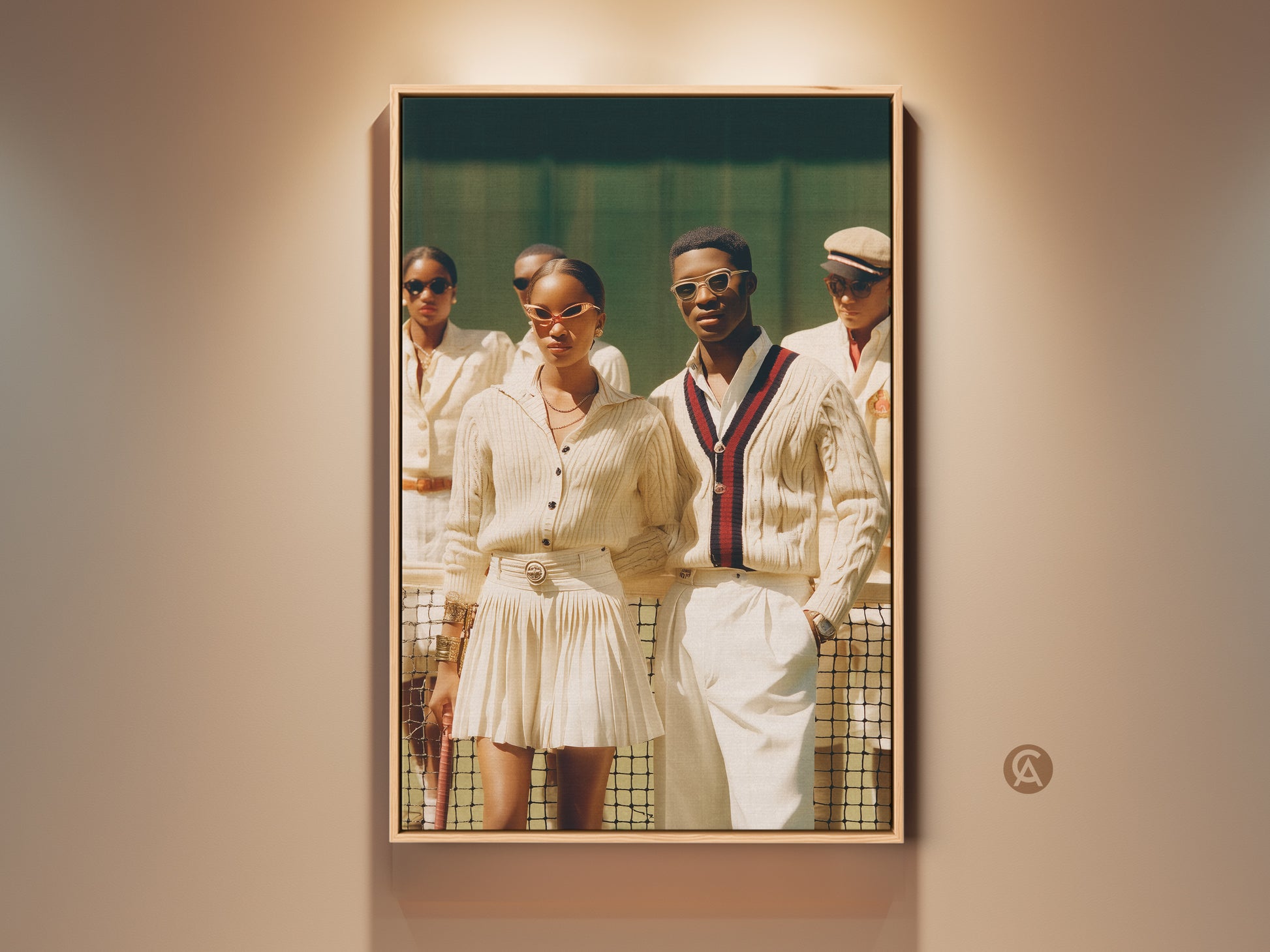 A framed artwork on a beige wall. The art features a group in tennis attire on court. A stylish couple leads the way in sunglasses and preppy sweaters. It has a sophisticated sporty vibe.