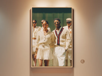 A framed artwork on a beige wall. The art features a group in tennis attire on court. A stylish couple leads the way in sunglasses and preppy sweaters. It has a sophisticated sporty vibe.