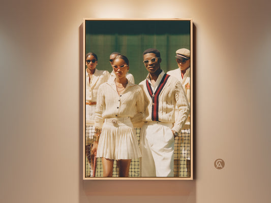A framed artwork on a beige wall. The art features a group in tennis attire on court. A stylish couple leads the way in sunglasses and preppy sweaters. It has a sophisticated sporty vibe.