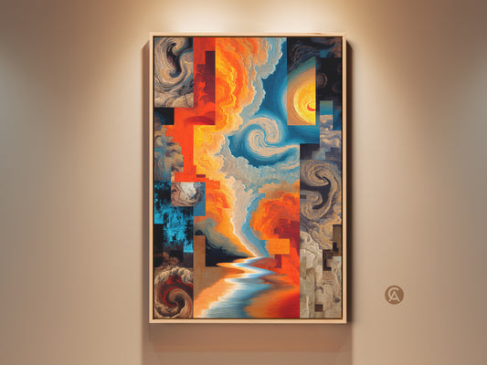 Framed Abstract Expressionism Canvas Print. Orange yellow and blue hues blend. This artwork features swirling clouds and water. It's a striking piece for eclectic home decor. Perfect for entry halls and living spaces. A compelling visual experience awaits.