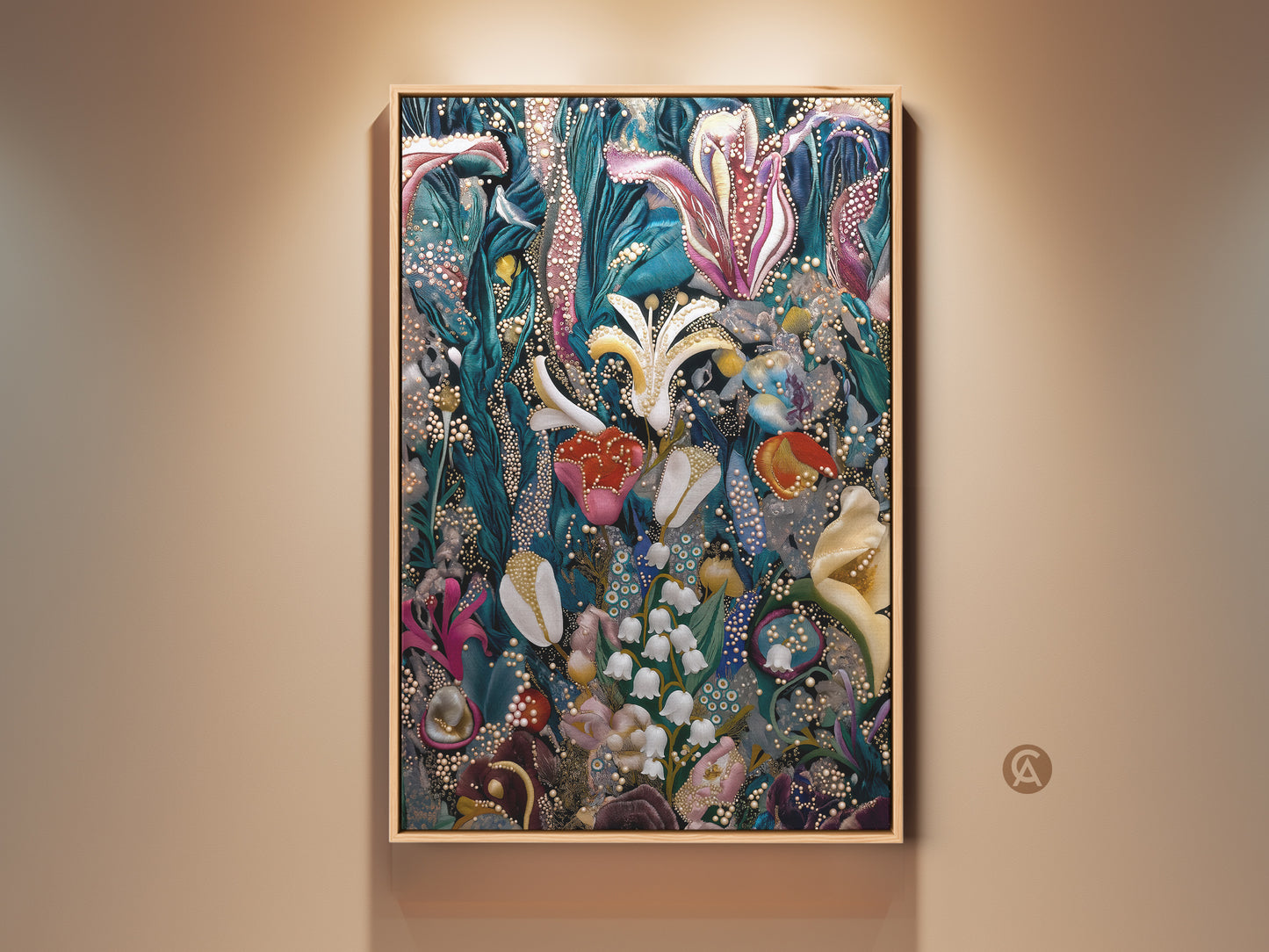 A framed surreal botanical canvas print on a beige wall. This fantasy floral art features Lily of the Valley and Tulips. The deep green pink and teal colors add an eclectic touch. It is perfect for unique home decor and plant lovers. A captivating wall hanging art.