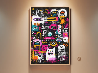 Eye-catching modern art in a natural wood frame. The artwork features a black background with colorful graffiti-style art. It will add a vibrant touch to any room. Shop now for unique wall art.