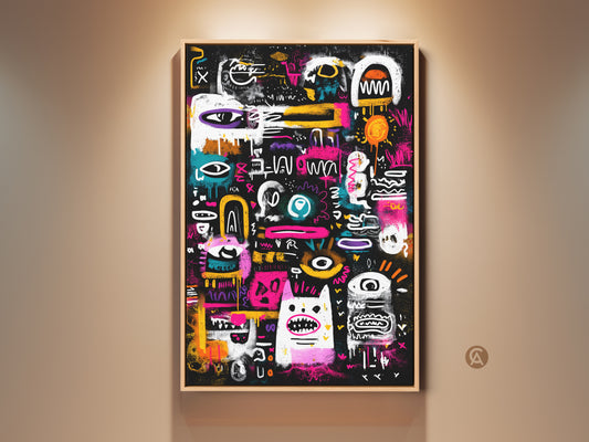 Eye-catching modern art in a natural wood frame. The artwork features a black background with colorful graffiti-style art. It will add a vibrant touch to any room. Shop now for unique wall art.