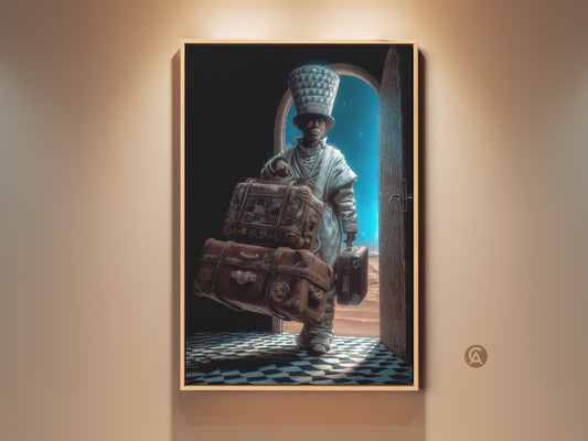 Surreal art print showcases a man with vintage suitcases This fantasy travel canvas is a conversation starter. It features eclectic office wall decor and is a perfect gift for a traveler. The artwork shows a man in a hat at an open door against a desert sky.