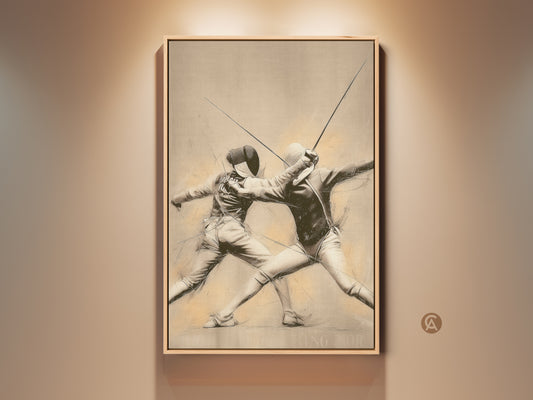 Fencing Action Canvas Art Print in a floating frame. Two fencers are captured mid-duel in a vintage sketch style. The artwork is rendered in sepia and beige tones. This elegant sports art adds sophistication to any office or home decor. A unique gift for fencers and sports enthusiasts. Ready to hang fencing action art.