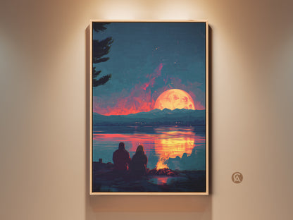 Teal and crimson digital art featuring a couple by a campfire at sunset. This romantic landscape canvas print adds eclectic charm to any room. It is a perfect anniversary gift. The warm orange hues create a cozy atmosphere. This artwork evokes connection and tranquility by a serene lake at night.