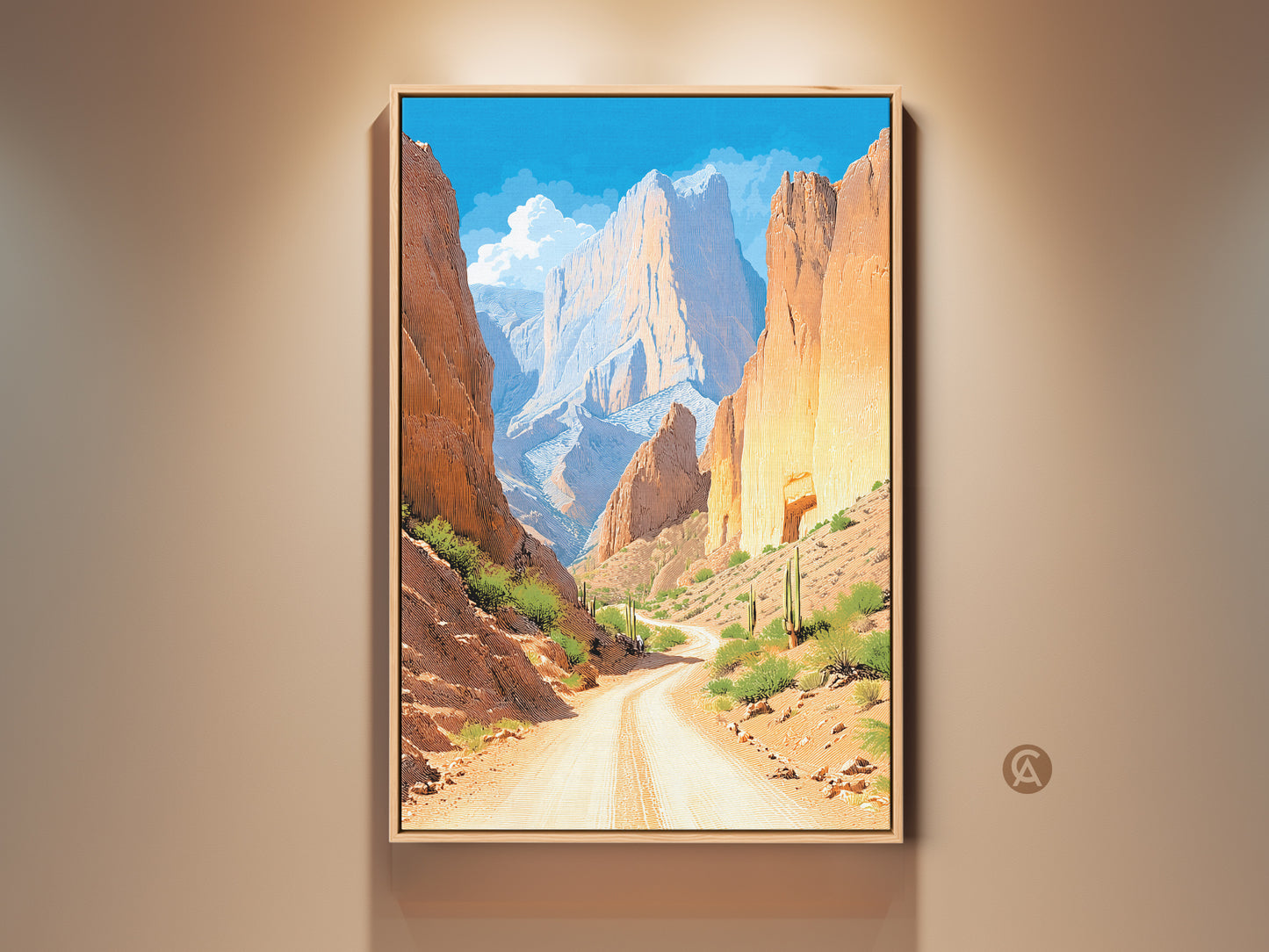 Experience the allure of the Southwest with this canyon road art. The artwork displays a desert landscape canvas print. The orange and yellow hues give off warm earth tones. This mountain scenery captures the rustic charm ideal as home decor or as a gift for travel lovers.