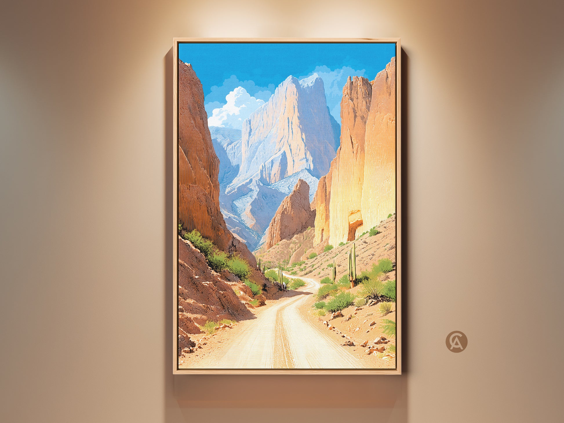 Experience the allure of the Southwest with this canyon road art. The artwork displays a desert landscape canvas print. The orange and yellow hues give off warm earth tones. This mountain scenery captures the rustic charm ideal as home decor or as a gift for travel lovers.