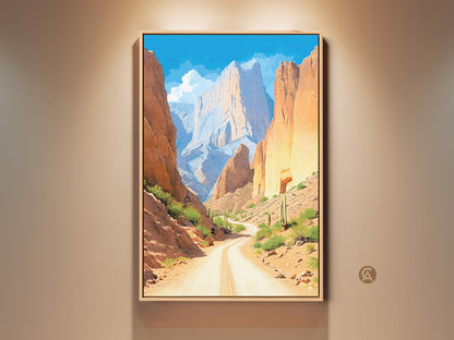 Experience the allure of the Southwest with this canyon road art. The artwork displays a desert landscape canvas print. The orange and yellow hues give off warm earth tones. This mountain scenery captures the rustic charm ideal as home decor or as a gift for travel lovers.