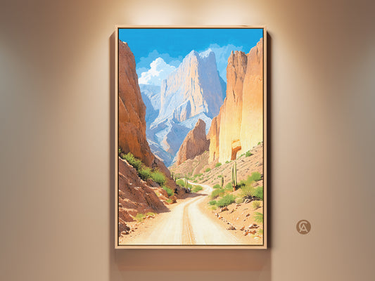 Experience the allure of the Southwest with this canyon road art. The artwork displays a desert landscape canvas print. The orange and yellow hues give off warm earth tones. This mountain scenery captures the rustic charm ideal as home decor or as a gift for travel lovers.