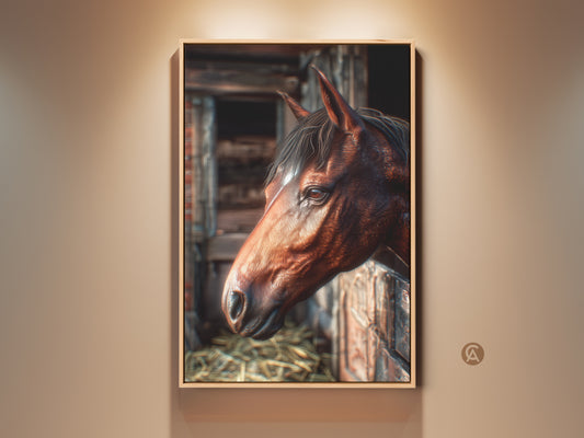 Framed horse portrait art print. This stunning artwork captures the beauty of a horse in exquisite detail. This framed print will add a touch of rustic charm to your home decor.