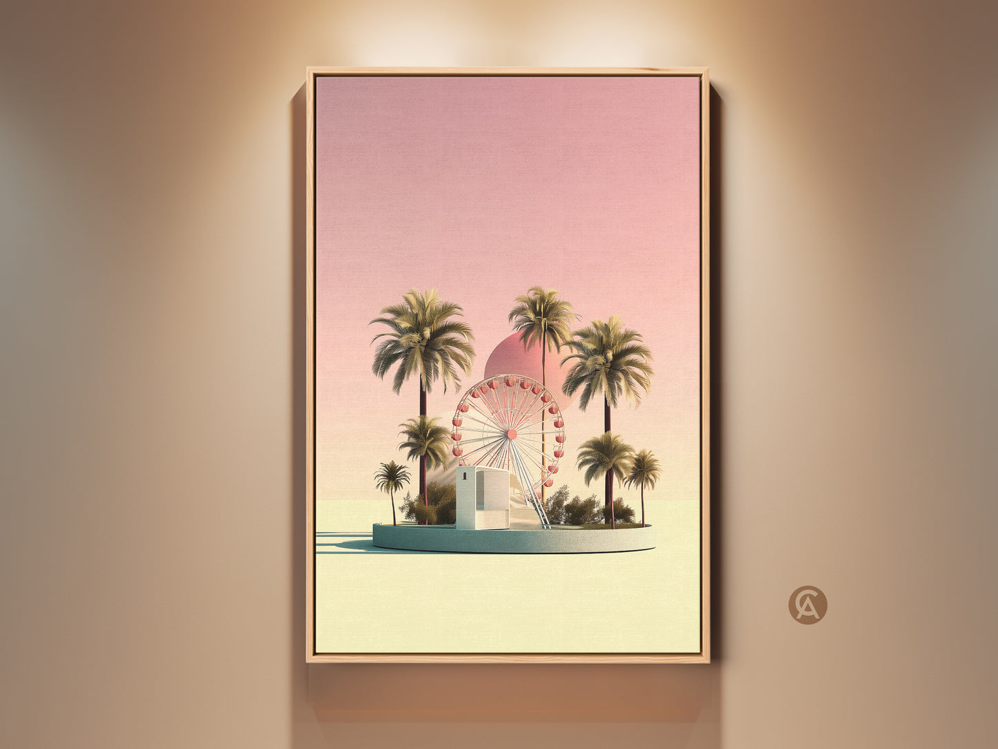 Boho style pastel yellow Ferris wheel art print framed in oak. Palm trees evoke a summer vacation vibe. This retro futurism canvas art brings amusement park charm to your entryway decor. Rose gold accents and a pastel pink sky add a touch of whimsy. A perfect travel gift for surreal landscape lovers.