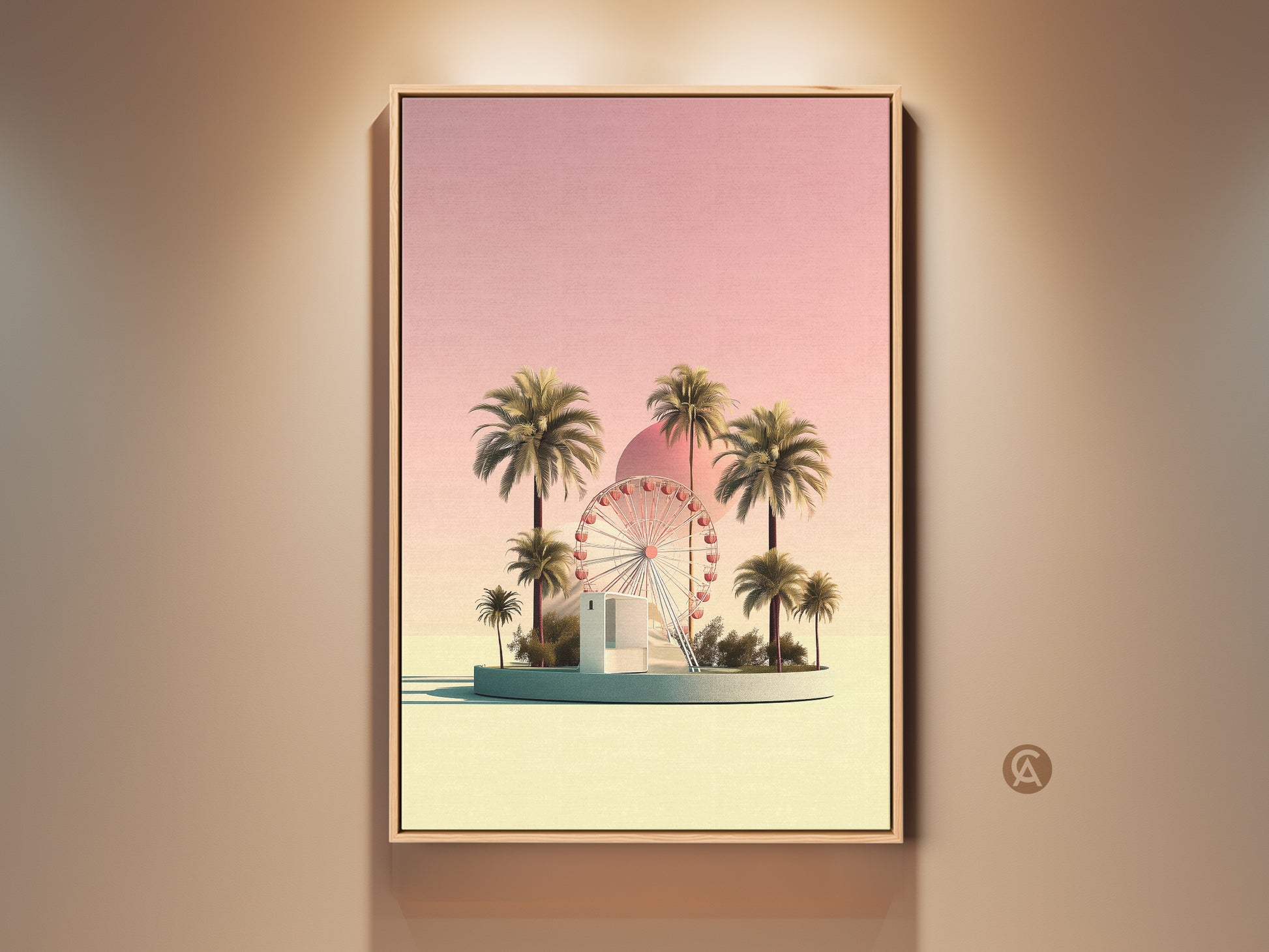 Boho style pastel yellow Ferris wheel art print framed in oak. Palm trees evoke a summer vacation vibe. This retro futurism canvas art brings amusement park charm to your entryway decor. Rose gold accents and a pastel pink sky add a touch of whimsy. A perfect travel gift for surreal landscape lovers.