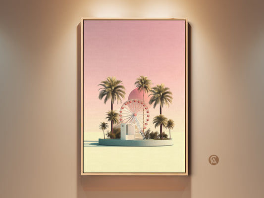 Boho style pastel yellow Ferris wheel art print framed in oak. Palm trees evoke a summer vacation vibe. This retro futurism canvas art brings amusement park charm to your entryway decor. Rose gold accents and a pastel pink sky add a touch of whimsy. A perfect travel gift for surreal landscape lovers.