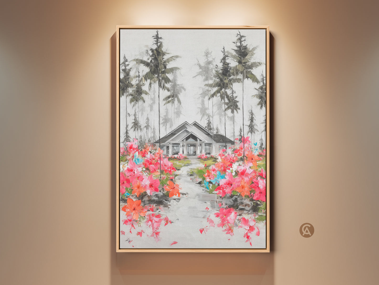 A charming house nestled among tall pine trees is showcased in this landscape canvas print. A vibrant path of pink and orange flowers leads to the home. This impressionistic artwork adds a touch of nature and color to any room. It makes a delightful addition to a modern farmhouse or eclectic home.