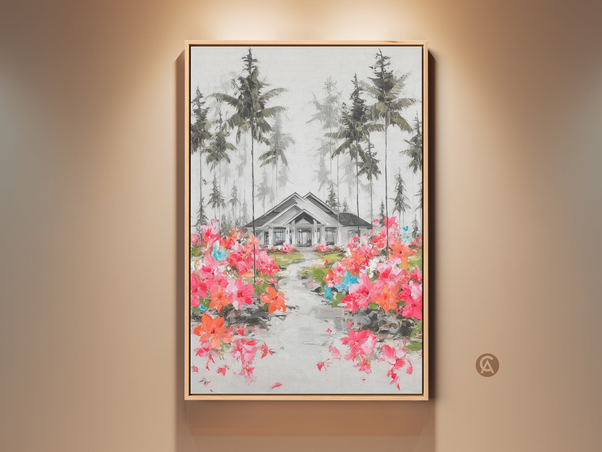 A charming house nestled among tall pine trees is showcased in this landscape canvas print. A vibrant path of pink and orange flowers leads to the home. This impressionistic artwork adds a touch of nature and color to any room. It makes a delightful addition to a modern farmhouse or eclectic home.
