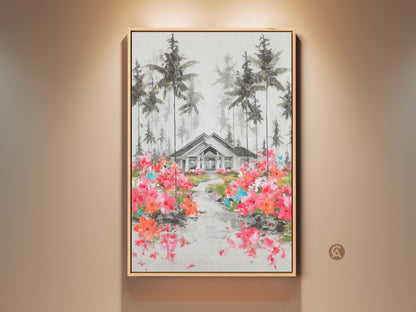 A charming house nestled among tall pine trees is showcased in this landscape canvas print. A vibrant path of pink and orange flowers leads to the home. This impressionistic artwork adds a touch of nature and color to any room. It makes a delightful addition to a modern farmhouse or eclectic home.