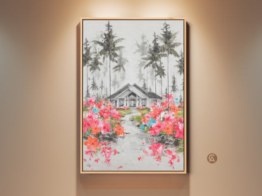 A charming house nestled among tall pine trees is showcased in this landscape canvas print. A vibrant path of pink and orange flowers leads to the home. This impressionistic artwork adds a touch of nature and color to any room. It makes a delightful addition to a modern farmhouse or eclectic home.