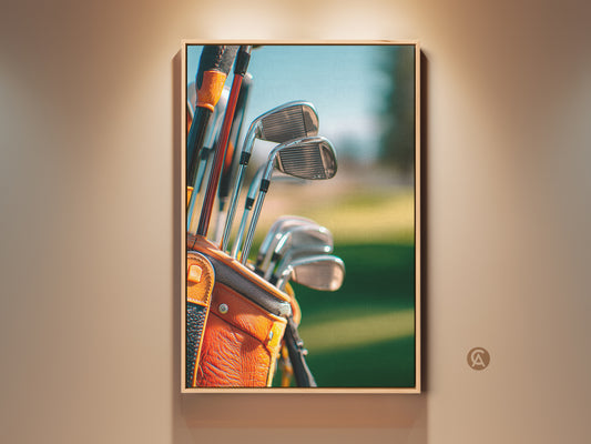 Golf clubs artwork in a stylish frame. The print enhances any room with a touch of class. Elevate your decor with this golf art. The framed artwork is ready to hang and admire.
