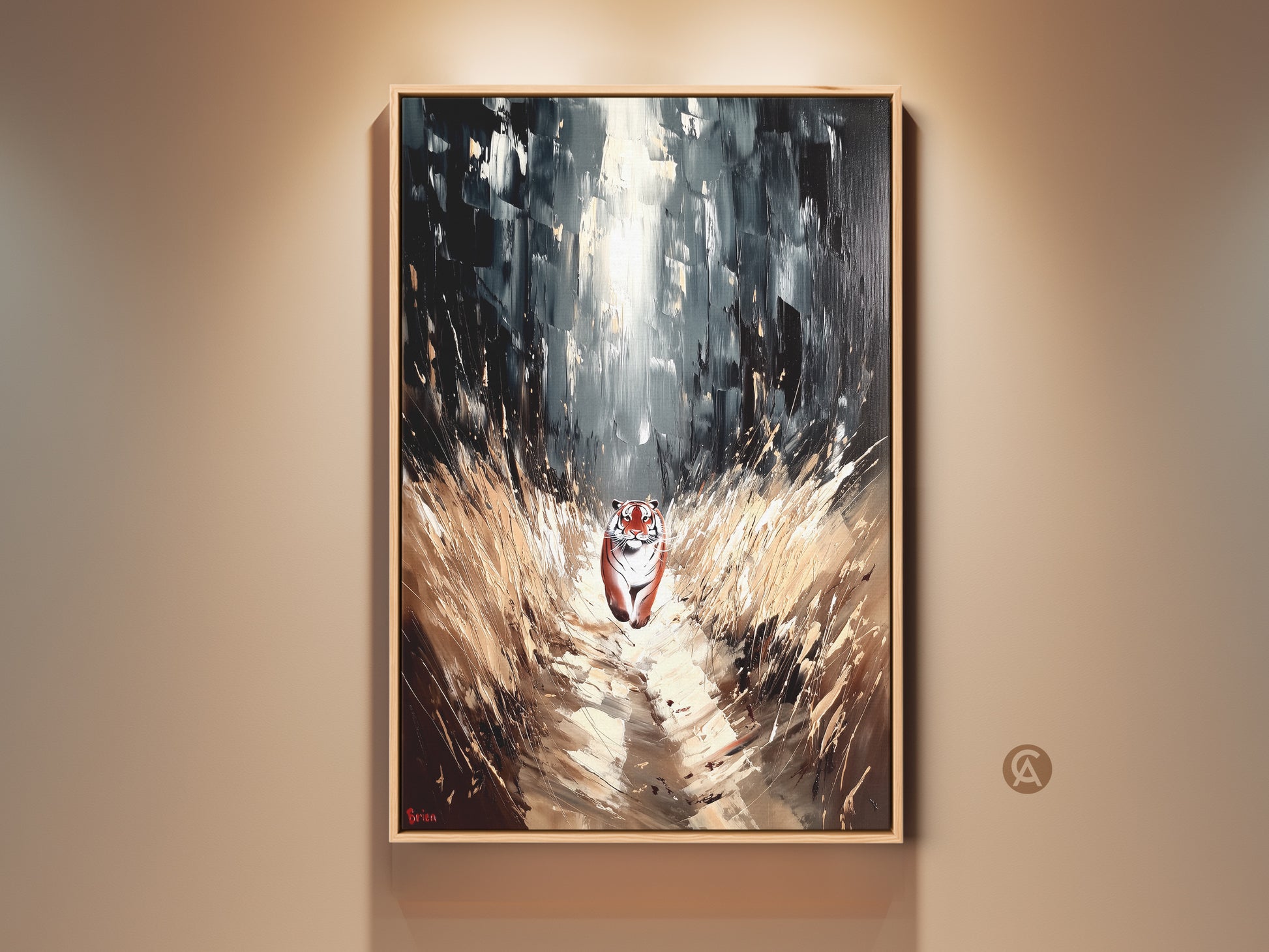 Tiger in Forest Canvas Art Print is on display. Wildlife animal wall art features a black white brown eclectic decor. The artwork is a captivating and sophisticated piece for animal lovers.