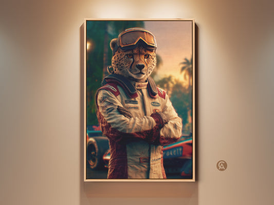 Framed Cheetah Driver Wall Art. This retro F1-inspired canvas print adds cool eclectic decor to any space. A unique gift for motorsport fans featuring a cheetah in a racing suit and goggles. Perfect for adding vintage animal artwork to an office or man cave. This framed piece enhances your space.