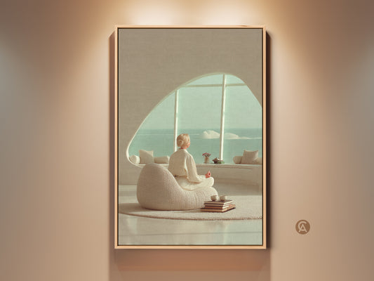 Framed Minimalist Beige Teal Wall Art shows a Zen Woman in Yoga Pose Canvas Print. This Scandinavian ocean view meditation decor is calming and serene. Perfect zen bedroom canvas.