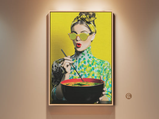 Eclectic pop artwork of a woman enjoying noodles. She wears retro sunglasses against a vibrant yellow backdrop. This canvas print brings a foodie fashion statement to kitchen or home decor. A unique and colorful piece to brighten any space.