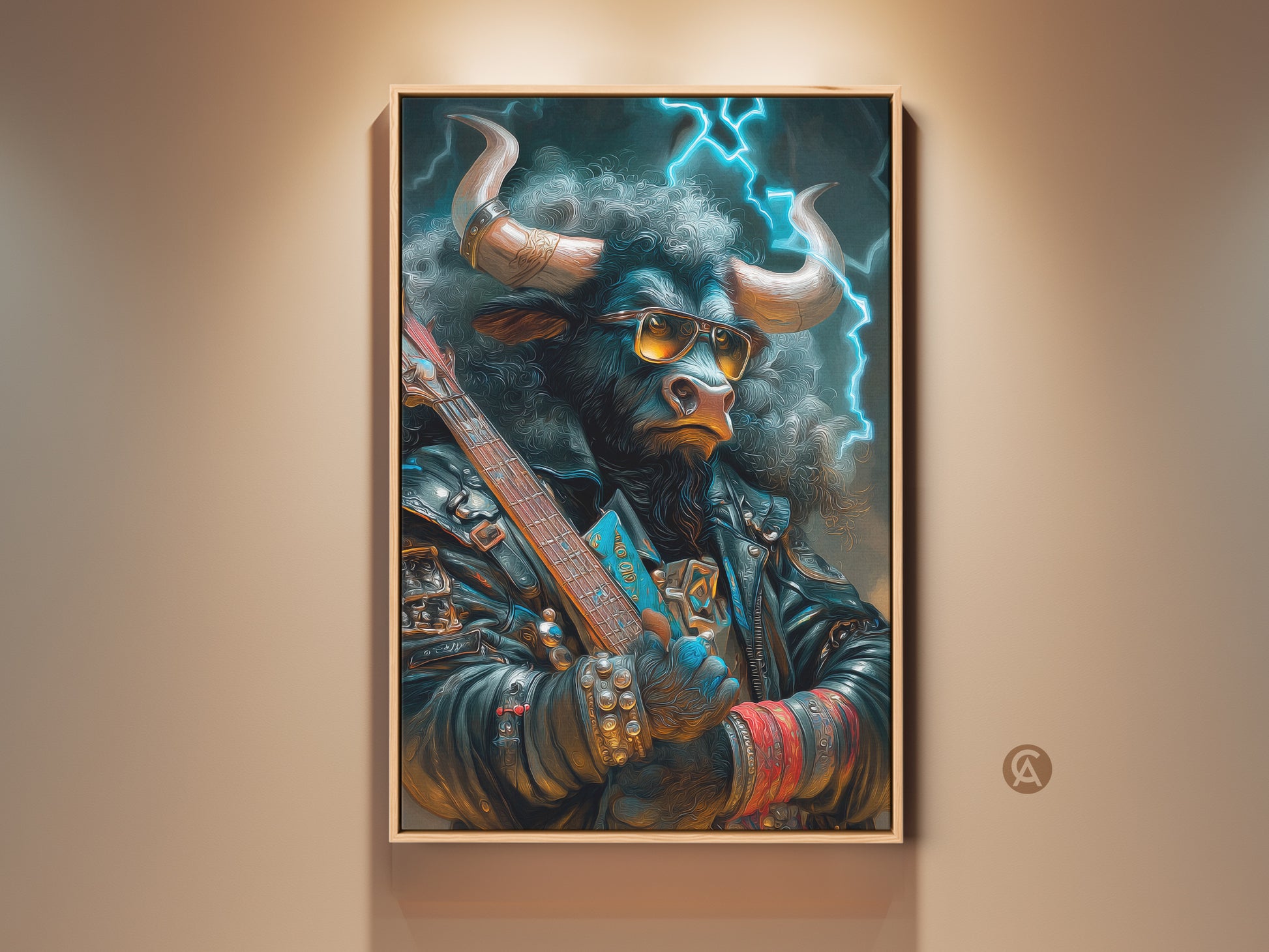 A framed artwork of a bull wearing sunglasses and a leather jacket. The bull is holding a guitar. Lightning bolts streak across the background. This cool artwork is a unique statement piece.