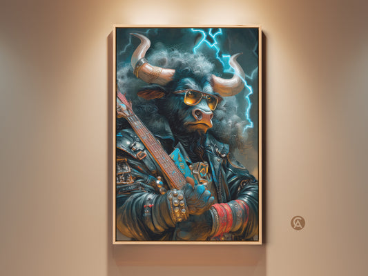 A framed artwork of a bull wearing sunglasses and a leather jacket. The bull is holding a guitar. Lightning bolts streak across the background. This cool artwork is a unique statement piece.