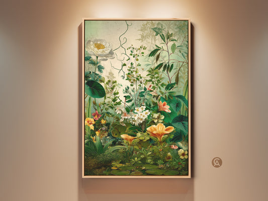 Botanical art print in a wooden frame. This floral wall art showcases a lush garden scene. The artwork brings nature indoors. Perfect for adding a touch of elegance to any room. Ready to hang and enjoy.