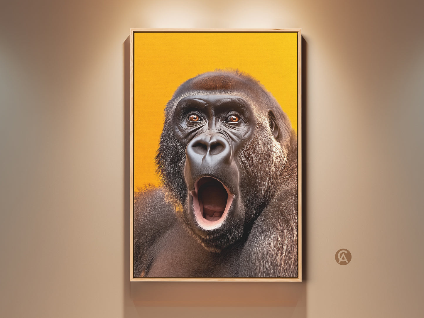 Realistic gorilla art print on canvas. This wildlife portrait features a vibrant yellow orange backdrop. It is an eclectic animal lover gift idea. Perfect entryway home decor.