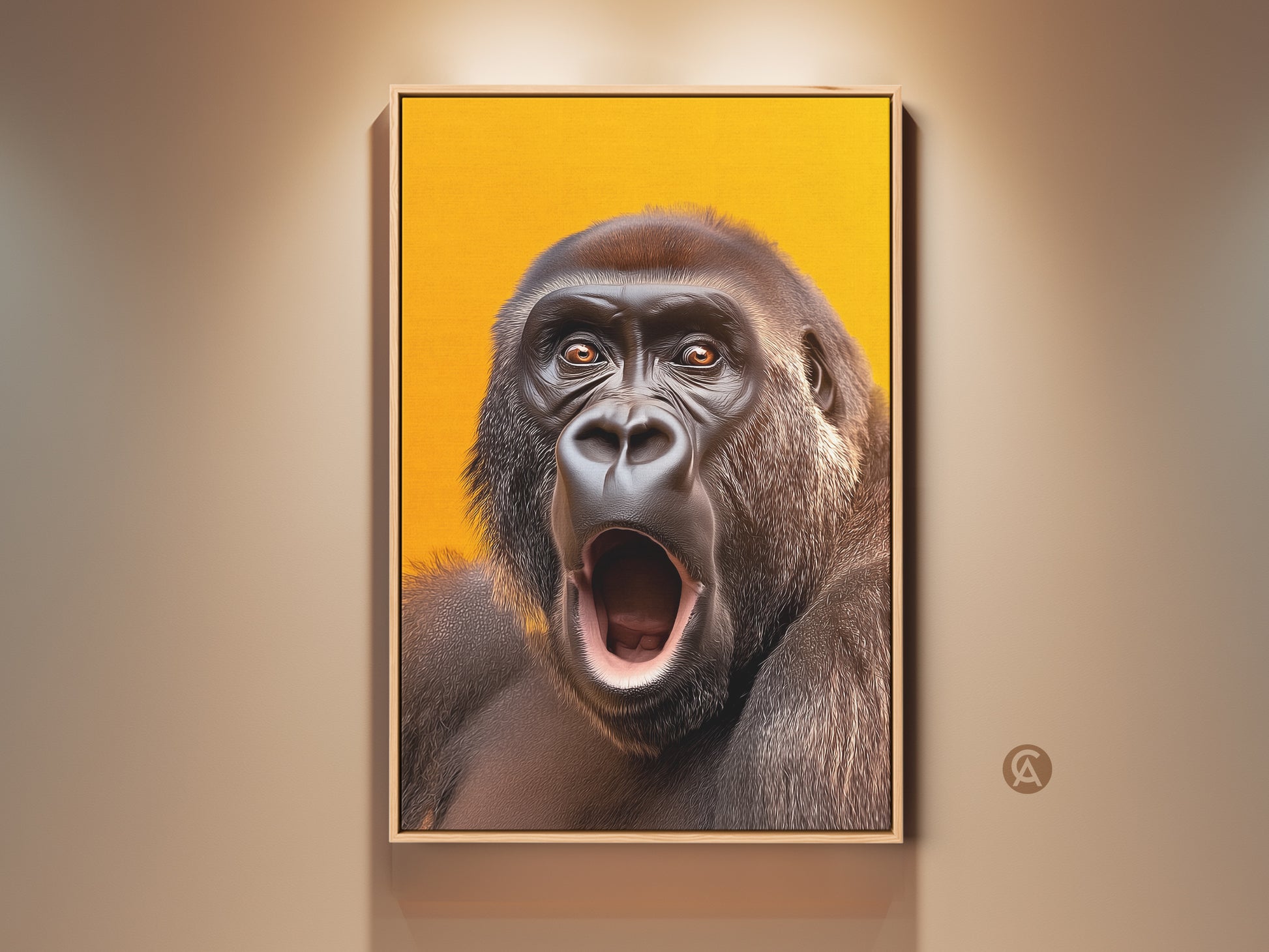 Realistic gorilla art print on canvas. This wildlife portrait features a vibrant yellow orange backdrop. It is an eclectic animal lover gift idea. Perfect entryway home decor.