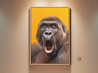 Realistic gorilla art print on canvas. This wildlife portrait features a vibrant yellow orange backdrop. It is an eclectic animal lover gift idea. Perfect entryway home decor.