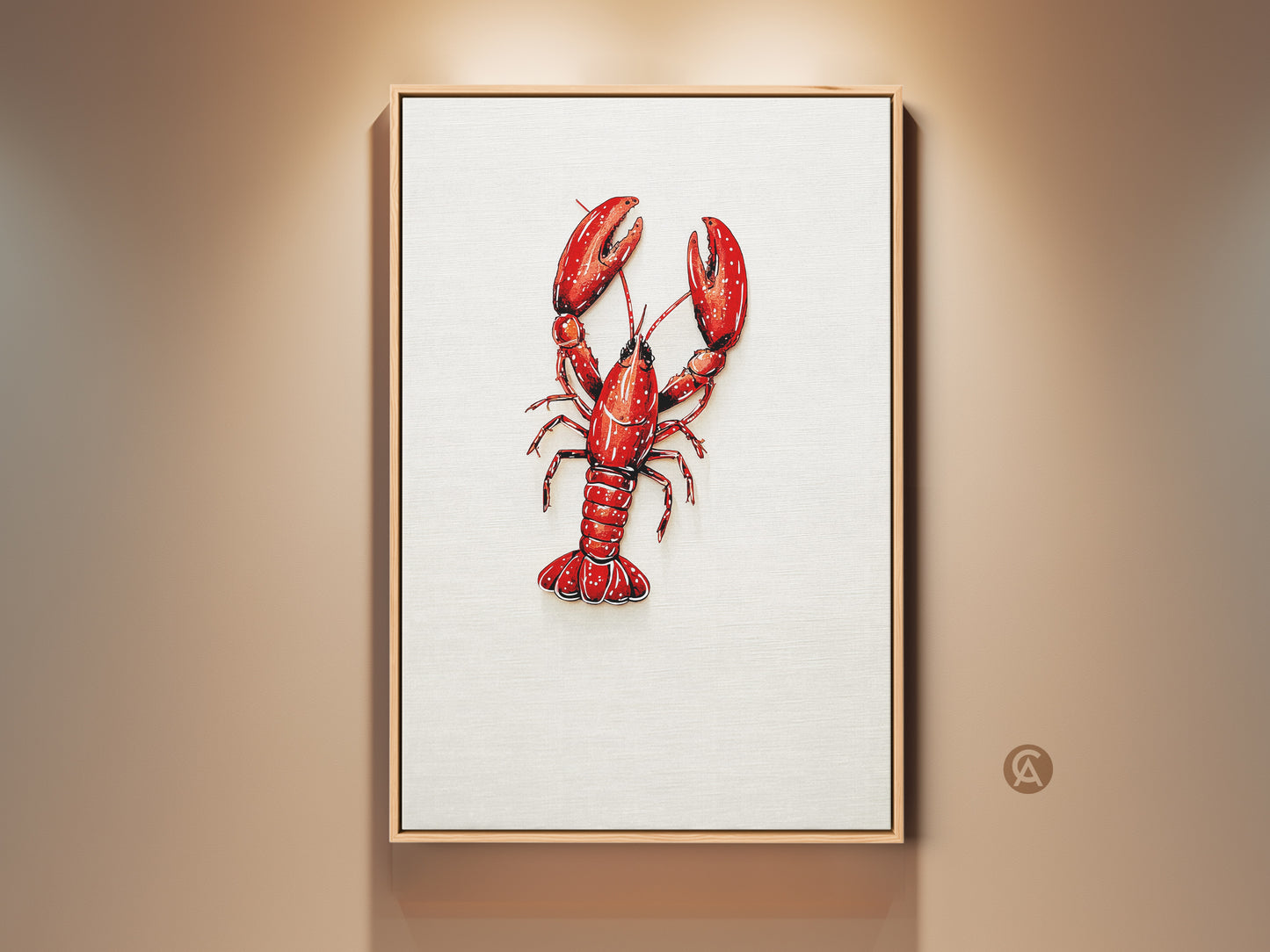Framed Coastal Lobster Art Print. This red seafood kitchen decor is a nautical gift idea. The crimson animal artwork adds charm. Perfect for ocean themed kitchens. The artwork enhances coastal living rooms.
