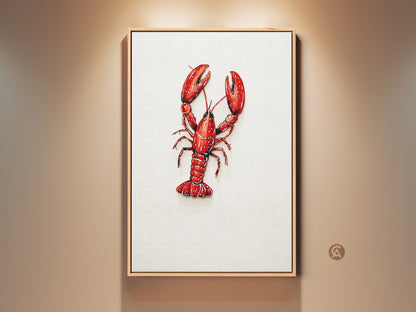 Framed Coastal Lobster Art Print. This red seafood kitchen decor is a nautical gift idea. The crimson animal artwork adds charm. Perfect for ocean themed kitchens. The artwork enhances coastal living rooms.