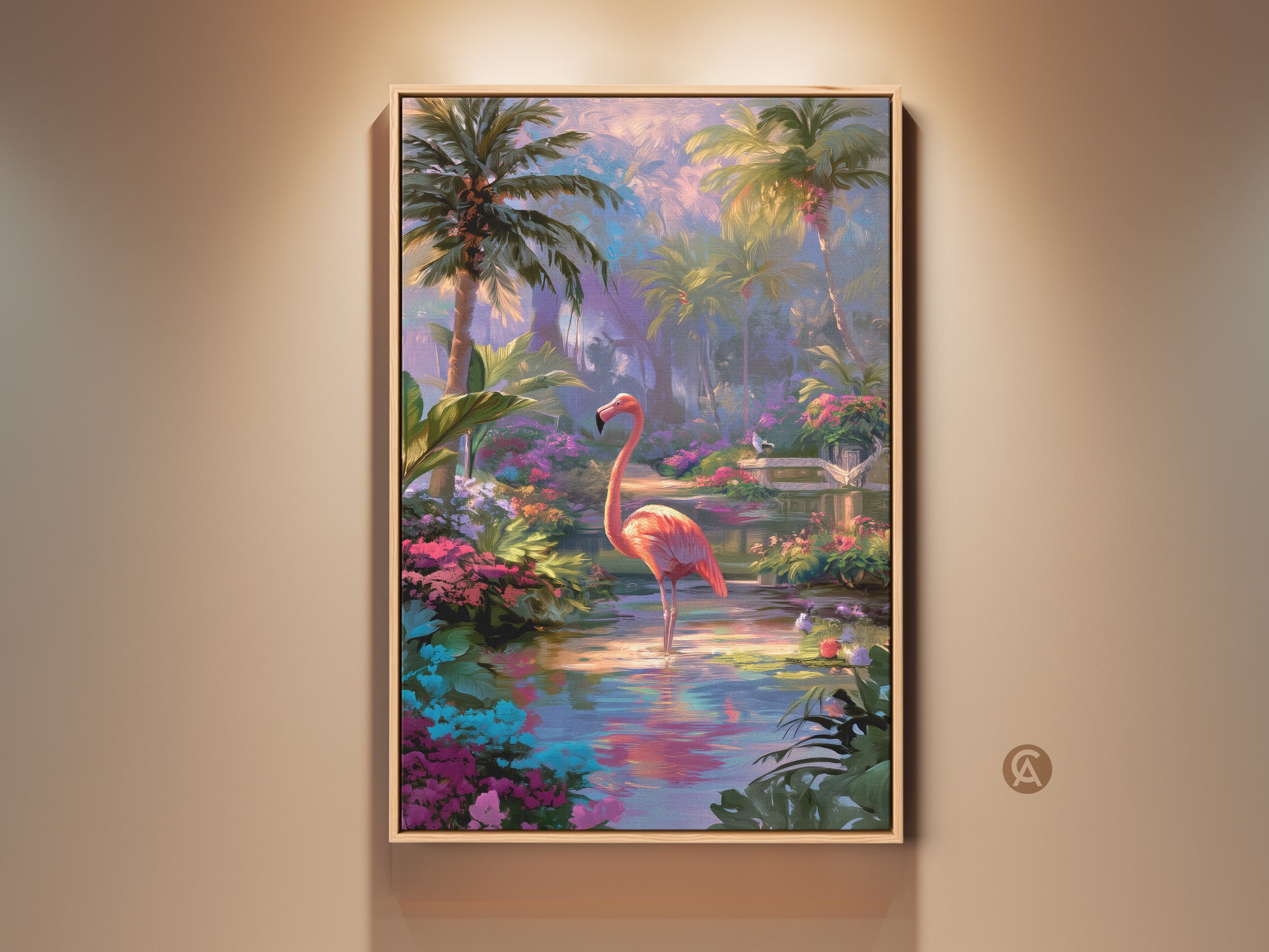 A framed flamingo wall art print is displayed. This tropical paradise canvas art features a pink bird. It brings a boho bedroom decor flamingo to your home. The vibrant floral art print enhances any room. It is a unique housewarming gift.
