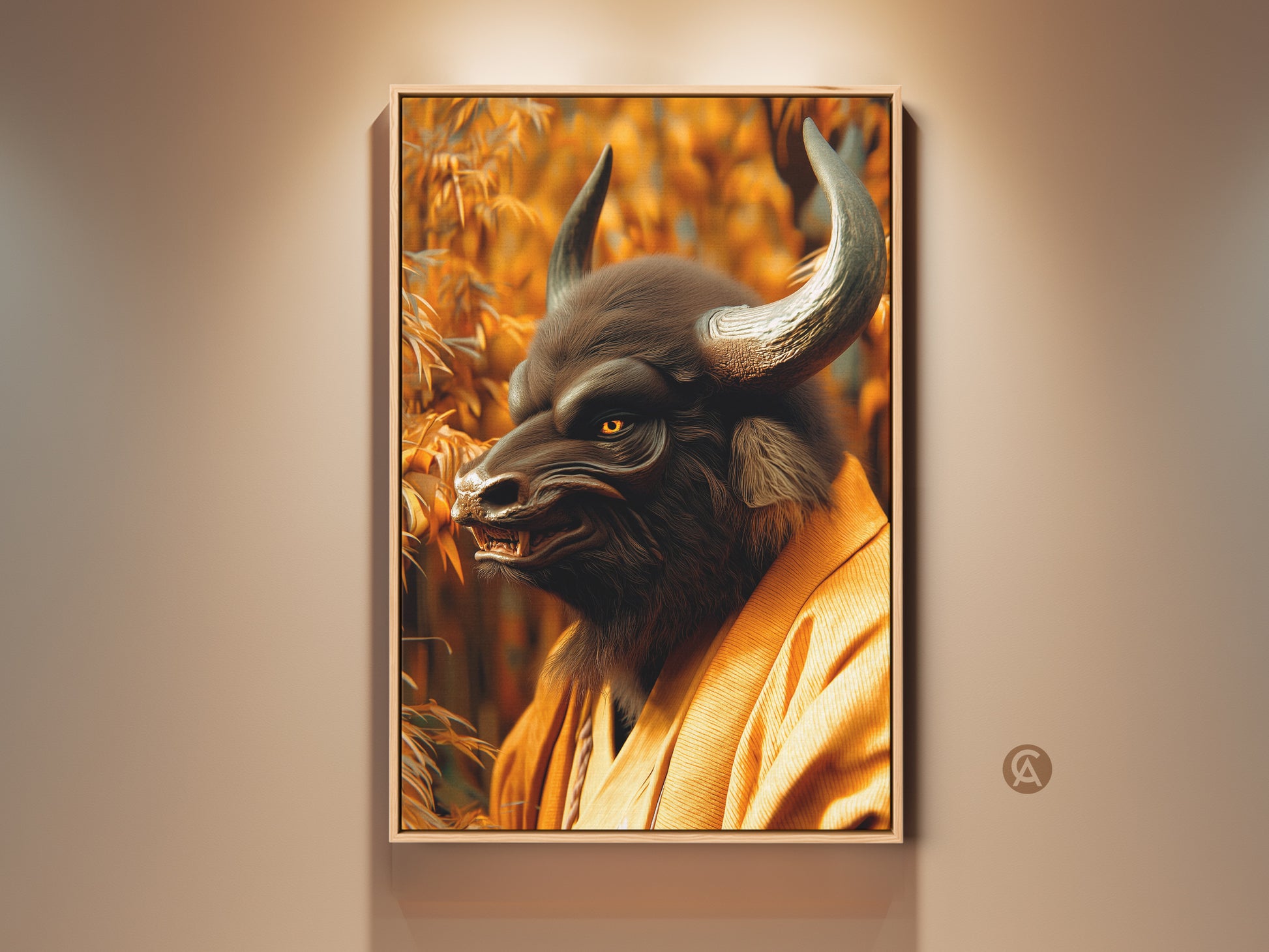 Framed artwork of a Minotaur Samurai in a serene bamboo forest. This captivating piece blends mythology with Japanese warrior culture. The Minotaur wears a traditional yellow kimono. The framed art enhances any space with its unique blend of fantasy and cultural elegance.