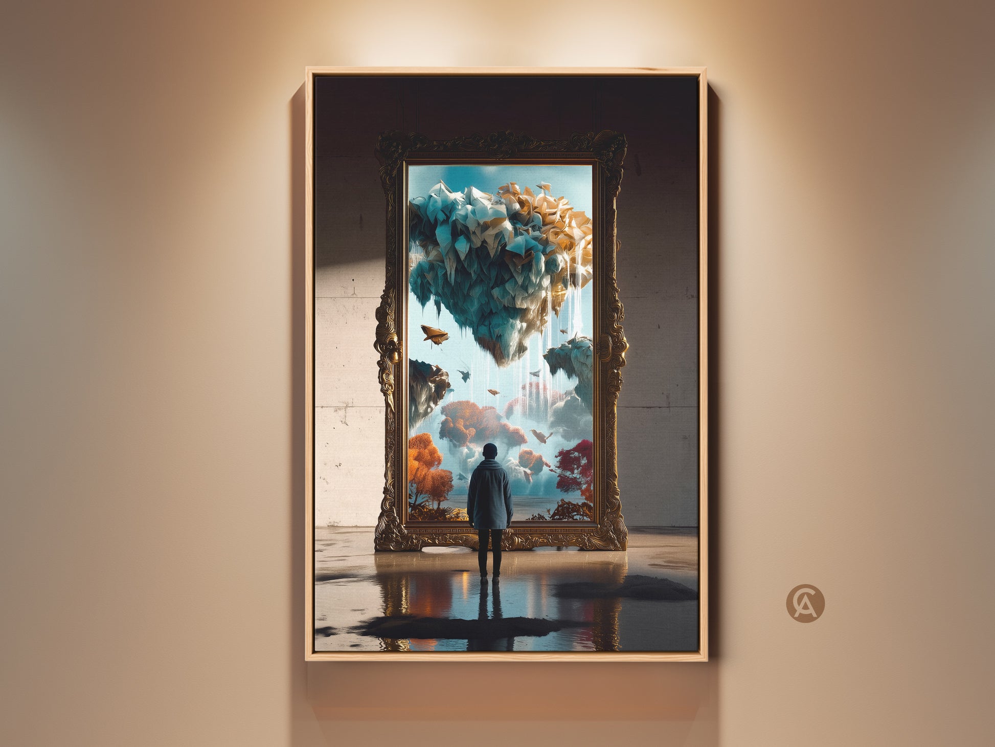 A captivating surreal art print. It shows a person standing before a portal to floating islands. This eclectic canvas decor features teal and orange hues. A unique gift for dreamers.