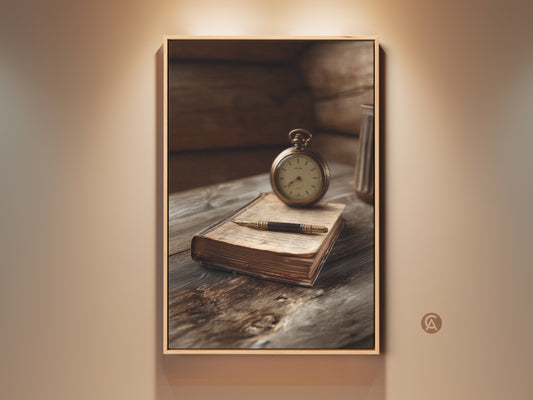 Vintage Study Wall Art featuring an antique pocket watch. It rests on an old book in sepia gold tones. A rustic office decor piece offering a timeless touch. This canvas print adds classic charm to any study or office space.