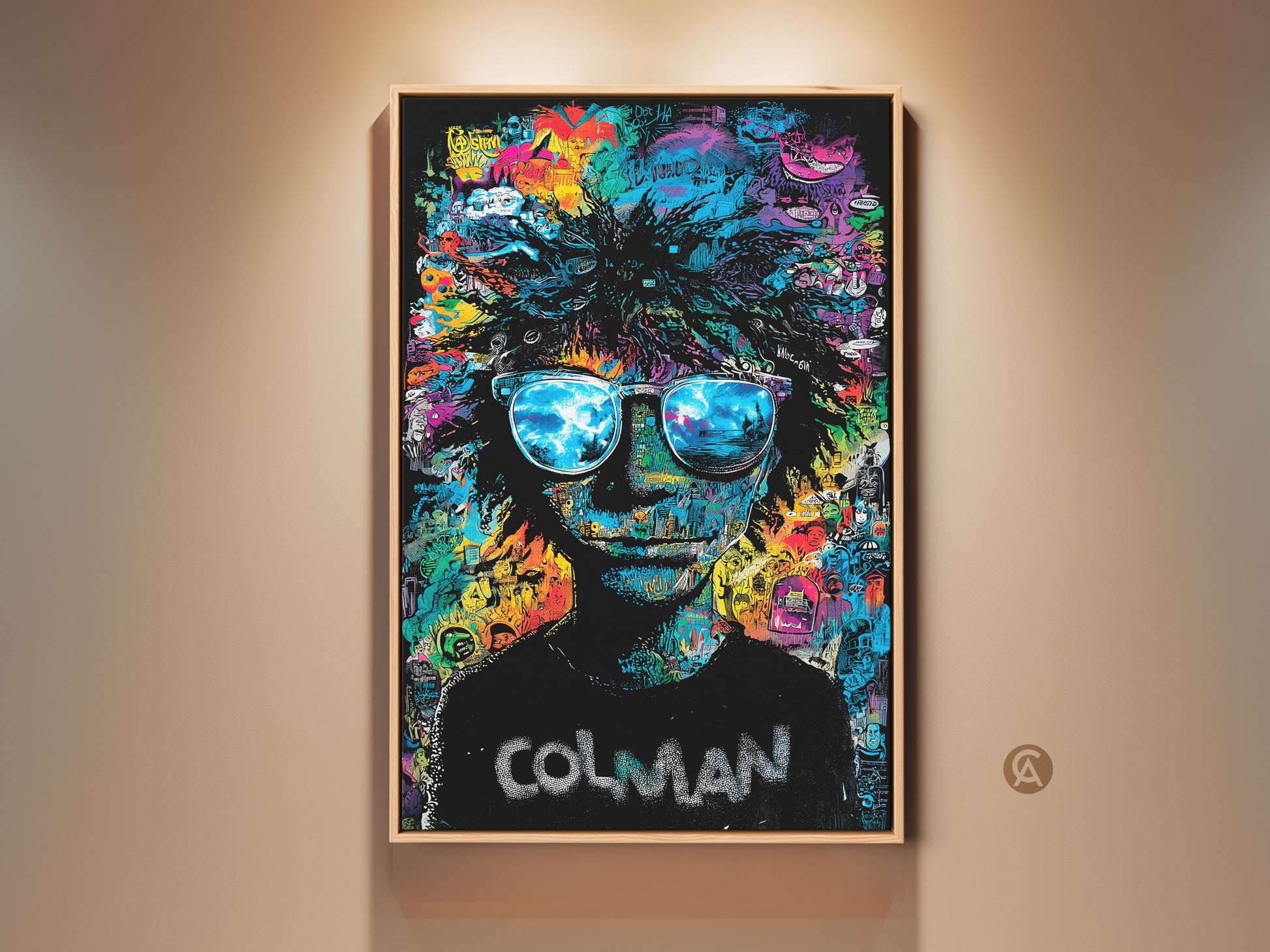 Framed Colman artwork. The art features a person with sunglasses. The lenses reflect a beach scene. The background has colorful graffiti. This artwork adds a unique touch to any room. Buy this ready to hang framed canvas art.