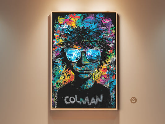 Framed Colman artwork. The art features a person with sunglasses. The lenses reflect a beach scene. The background has colorful graffiti. This artwork adds a unique touch to any room. Buy this ready to hang framed canvas art.